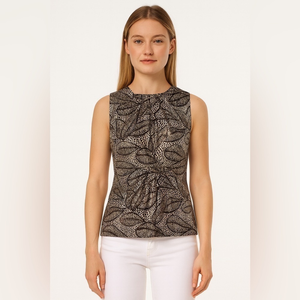 Tory Burch Elson Black Metallic Leaf Print Sleeveless Silk Blouse Size 2